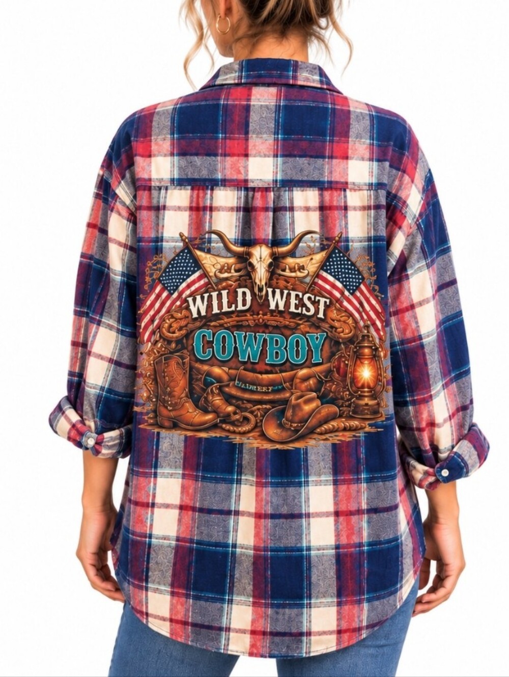 Wrangler Rugged Wear XXL Plaid Flannel Wild West Cowboy Graphic Shirt Upcycled